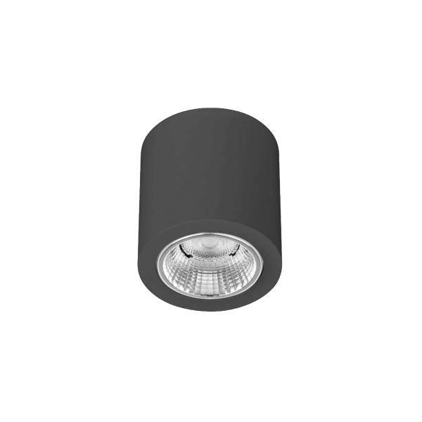 Sort cylindrisk loftspot med en indsænket reflekterende linse på hvid baggrund.
