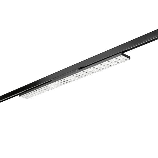 Slankt sort sporskinnemonteret LED-lyslysarmatur med perforeret hvidt diffuserpanel