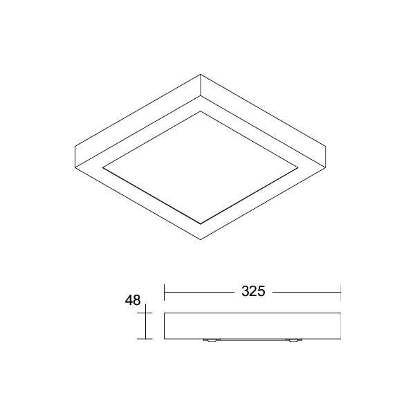 Teknisk tegning af en diamantformet indsænket lyarmatur, der viser topvisning og sidevisning med dimensioner 325 bred og 48 høj.