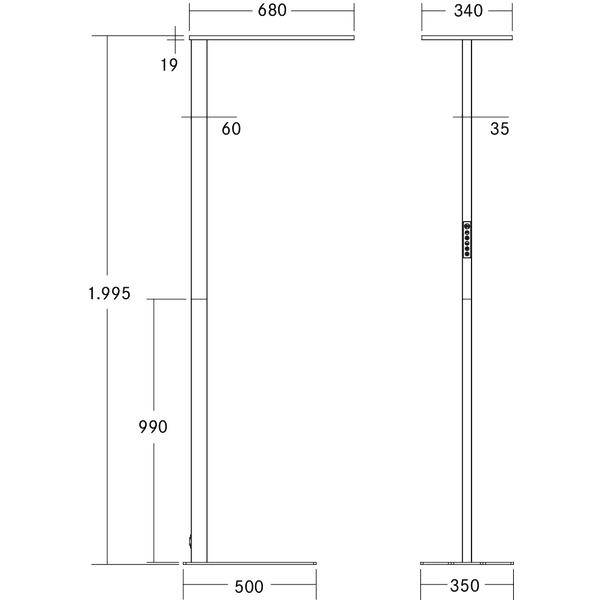 Teknisk dimensionstegning af en vertikal ramme eller stativ, der viser for- og sidevisninger med målinger 1995, 990, 680, 500, 350, 340, 60, 35 og 19.