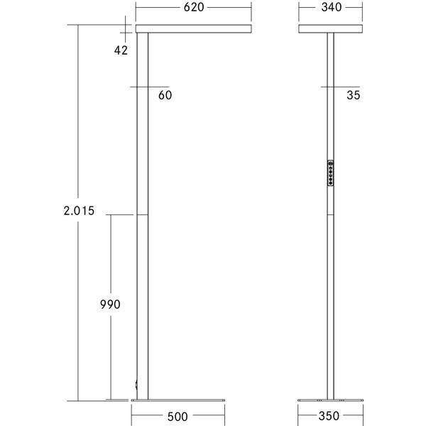 Teknisk dimensionstegning af et højt T-formet stativ med to visninger, der viser bredder på 620 og 340, basisbredder på 500 og 350, og højde 2015 med andre målinger markeret.