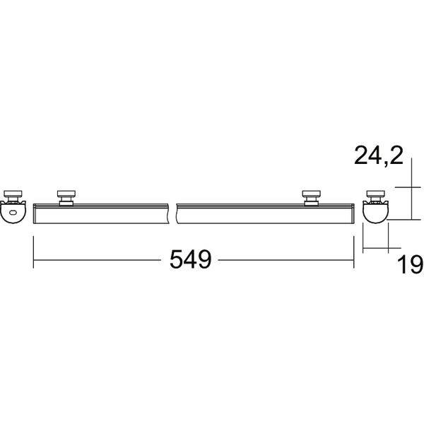 Teknisk linjegrafik af en vandret stang med to endeophængninger, mærket 549 længde og 24,2 højde, med detalje for 19 mm offset.