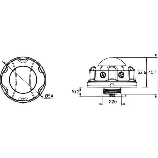 Teknisk tegning af en cylindrisk komponent med top- og sideview samt mål, herunder 54 mm diameter, 20 mm gevind og 40,1 mm højde.