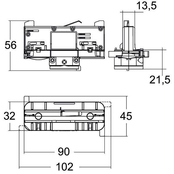 Teknisk dimensionerings tegning af en rektangulær mekanisk komponent vist i front-, side- og topvisning med målinger 102, 90, 56, 45, 32, 21,5 og 13,5.