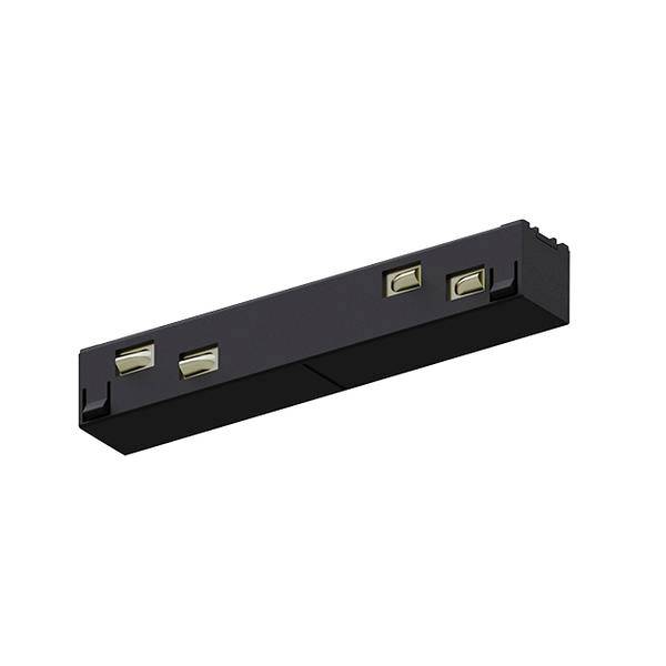 Sort rektangulær lysarmatur med fire små kvadratiske LED-moduler på hvid baggrund.