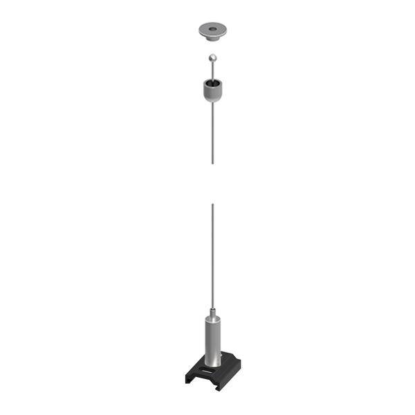Ekspanderet visning af en lodret metalstangssamling med en base, cylindrisk forbinder og tophat vist adskilt langs centerlinjen.
