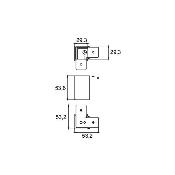 Teknisk tegning af en L-formet metalbeslag med tre ortografiske visninger og dimensioner mærket 29,3, 53,6 og 53,2.