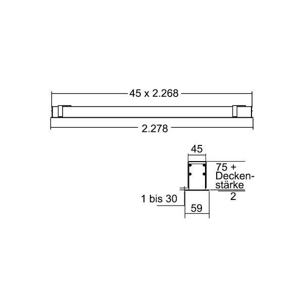Teknisk dimensionstegning af en rektangulær komponent, der viser længde 45 x 2.268 og 2.278, plus et tværsnit med 45, 59 og 'Deckenstärke 75+' målinger.