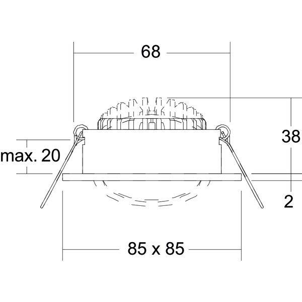 Teknisk tegning af en indbygningslampe med dimensioner 68 bred, 38 høj, 85 x 85 udskæring, maks. 20 og 2 dybde.