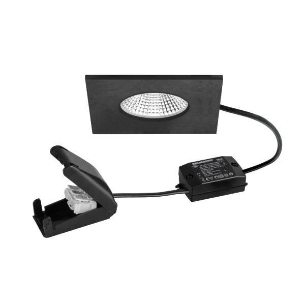 Sort rektangulær nedsænket LED-lampe med integreret driver og påklip-monteringsbøjle, vist på hvid baggrund.