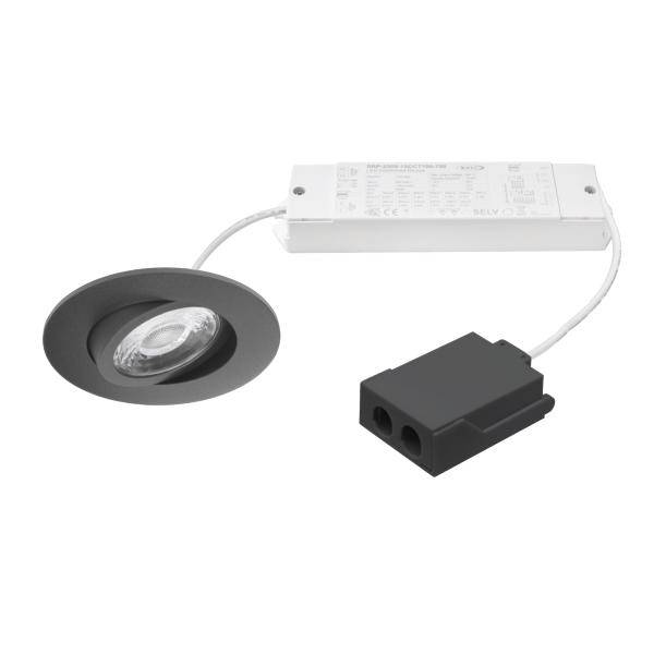 Indbygningslampe LED-downlight-sæt med sort trim, hvid driver og sort tilslutningskasse på hvid baggrund.