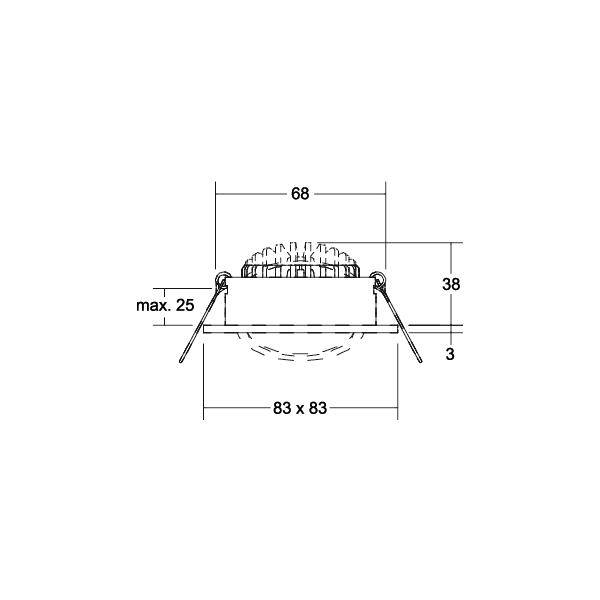 Teknisk dimensionstegning af et indbygningsarmatur til loft, der viser en topbredde på 68 mm, en udskæring på 83 x 83 mm, en dybde på 38 mm, en maksimal sideafstand på 25 mm og en frigang på 3 mm.