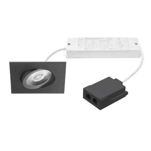 Indbygget firkantet LED-downlight med driver og stik, vist som installationskomponent til loftbelysning.