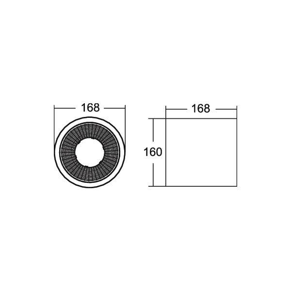 Teknisk tegning af et rundt filter eller gitter, som viser 168 mm bredde og 160 mm højde dimensioner.
