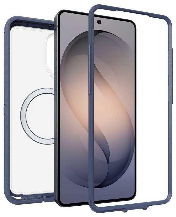 Tre telefonetui vist i for- og bagsigtevinkler, med et klart etui og blå bumper-rammer omkring en smartphone.