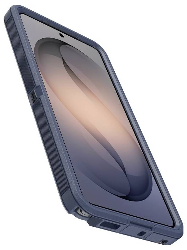 Et robust blåt smartphone-cover vist i en vinkel på hvid baggrund, med en klar skærmbeskytter og udskæring til frontkamera.