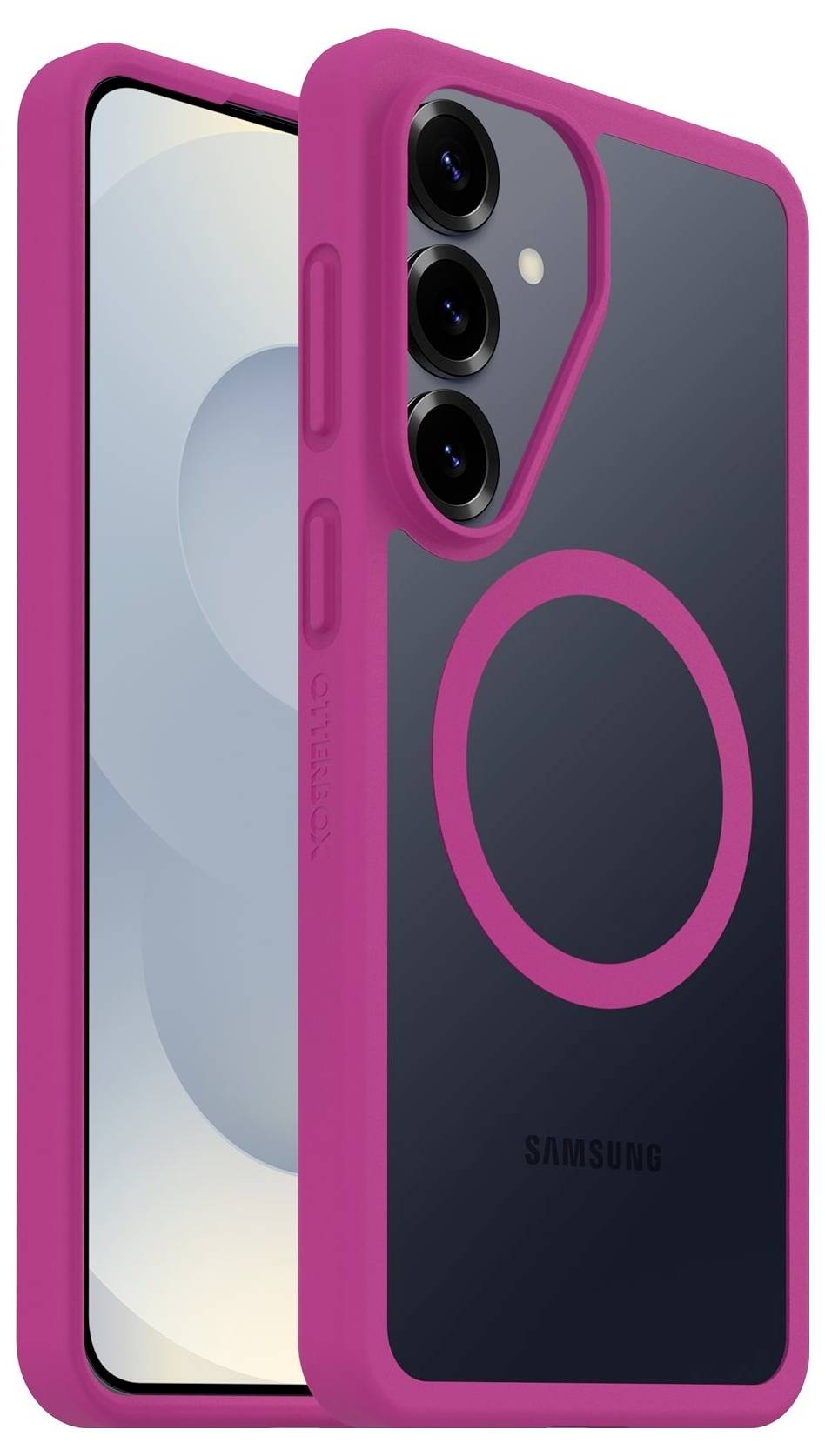 Pink Samsung-smartphone med mørk bagside, tre kameraer på bagsiden og en stor cirkulær MagSafe-lignende ring, vist forfra og bagfra side ved side.