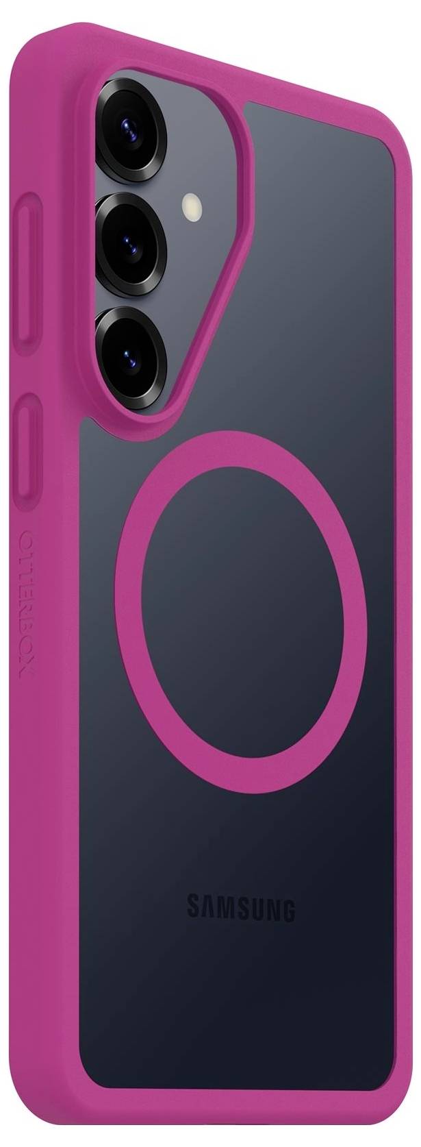 Bagsiden af en Samsung-smartphone i stærkt pink med etmørkt gråt cover, der viser tre bagkameraer og en stor pink cirkulær MagSafe-lignende ring.