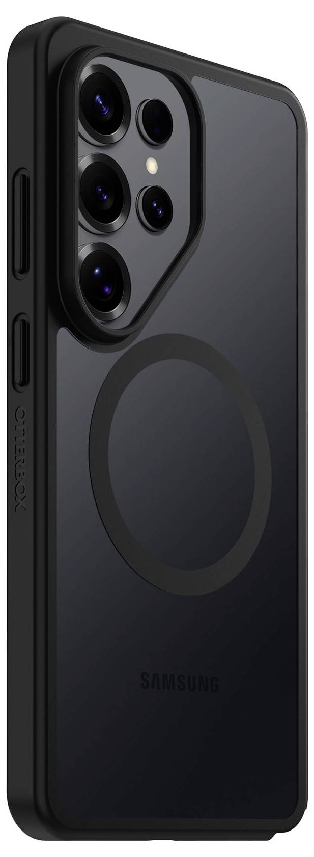 Detaljeret billede af bagsiden af en sort Samsung-smartphone, som viser multi-kamera-modulet og den cirkulære magnetring i MagSafe-stil på coveret.