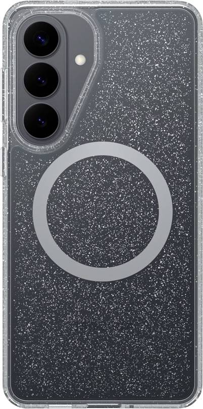 Glitterklistret mørkere telefoncover med tre udskæringer til bagerakamera og en stor cirkulær MagSafe-ring centreret på bagsiden.