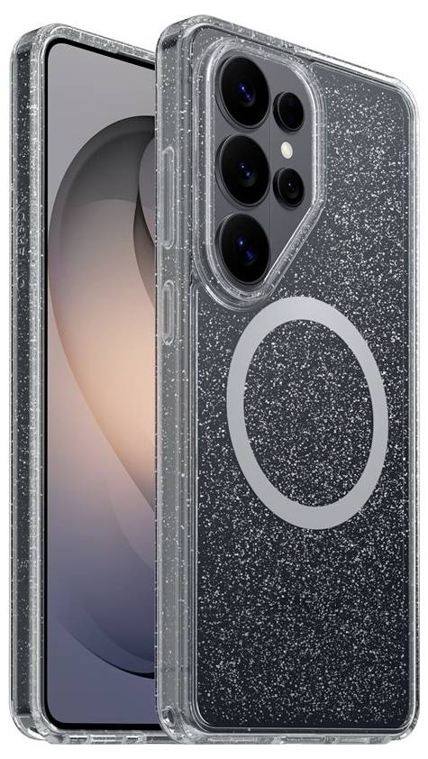 To iPhones i gennemsigtige glimrende covers, front- og bagview, som viser et tredobbelt kameranlæg på bagsiden og en centreret MagSafe-ring.