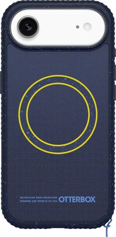 OtterBox telefoncover med indbygget MagSafe-lignende magnetisk ring på et mørkeblåt beskyttende cover, vist fra bagsiden.