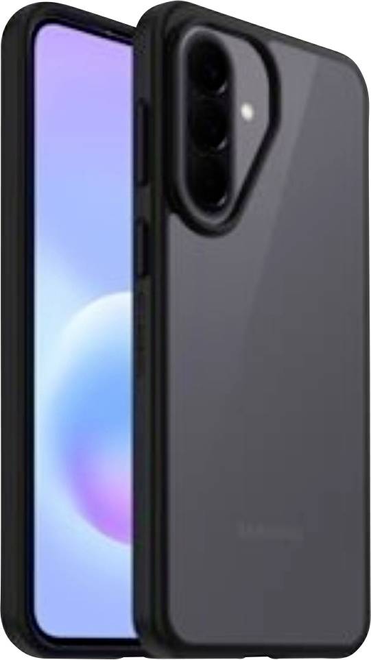 Front- og bagside af en mørkegrå smartphone med tredobbelt bagkamera og skærm, der viser et blåt-lilla gradient-baggrundsbillede.