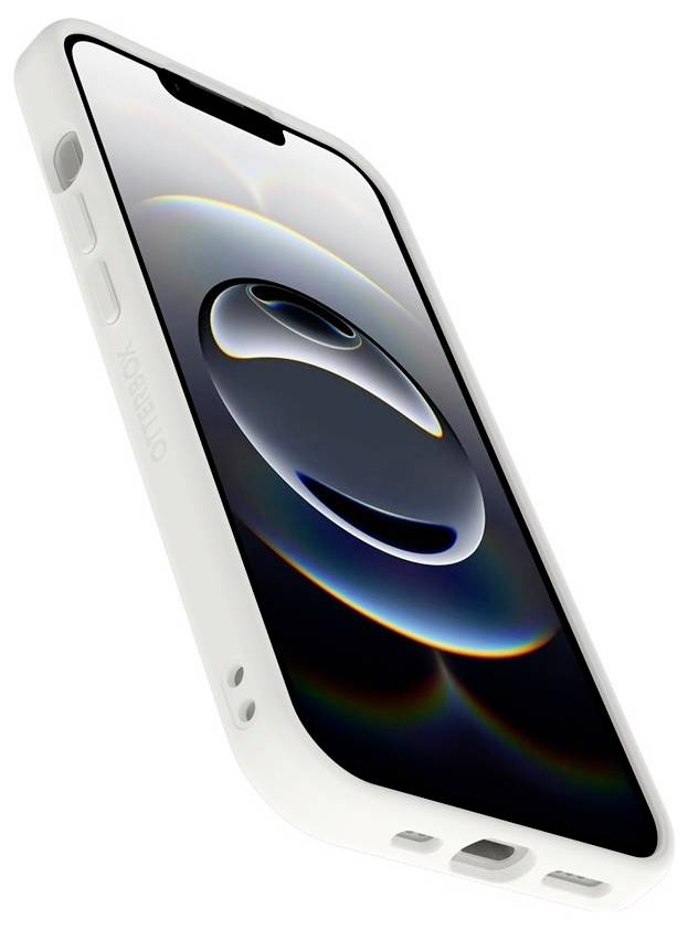 Hvidt iPhone vist i en vinkel på en ensfarbede baggrund, der viser en mørk abstrakt baggrundsbillede med det forreste notch og sideknapper synlige.