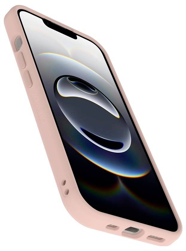 Rosa smartphone vist i en vinkel, med glinsende skærm og kameraudskæring, isoleret på hvid baggrund.