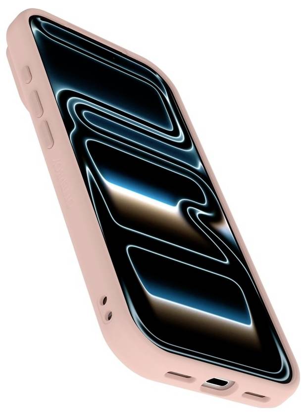 Lyserød smartphone i et slim beskyttelsesetui, vist i vinkel på en hvid baggrund med skærmen der viser abstrakte neonblå og sorte lysstriber.