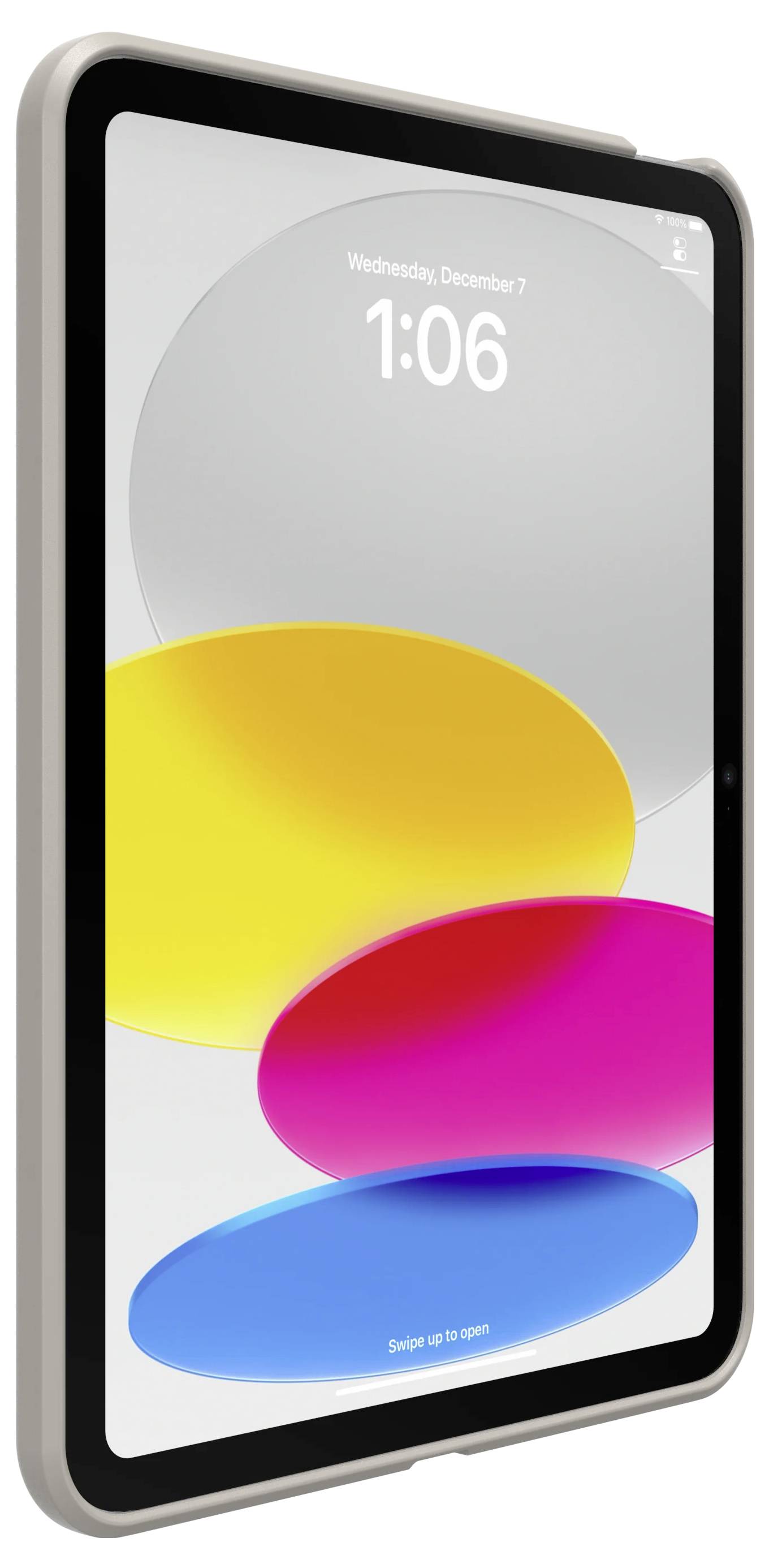 Tablet viser låseskærm med "Onsdag, 7. december" og 1:06, med farvefyldte overlappende ovale former og "Stryg op for at åbne" nær bunden.