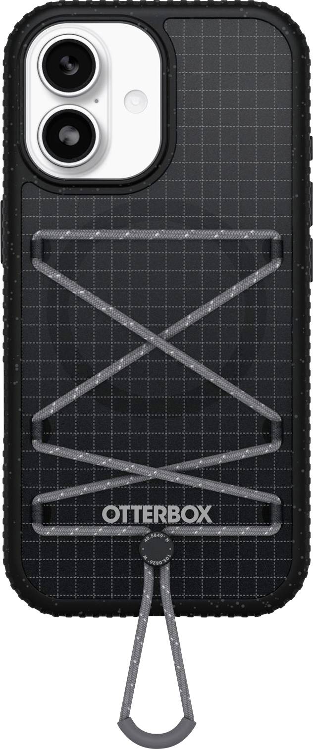 Sort OtterBox telefonetui med gittermønster, dobbelt kamerauitskæring og indbygget grå stropp-stander på bagsiden.