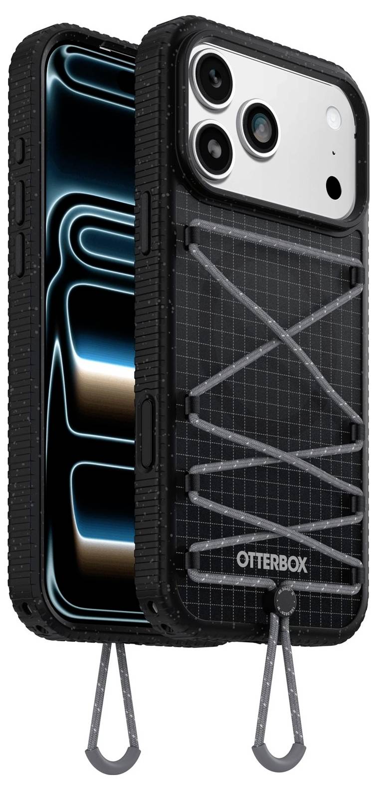 To smartphones i robust OtterBox-etui, det ene med skærm der lyser op og det andet med bagkamera synligt, begge med tilføjet øje til smartphone-snor.