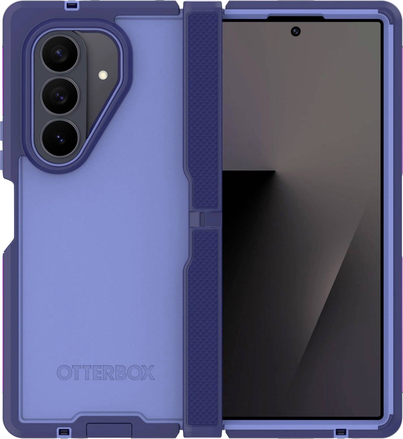 Blå OtterBox-telefoncover på en smartphone, vist forfra og bagfra med tre bagkameraer og en foldebartstilskærm.