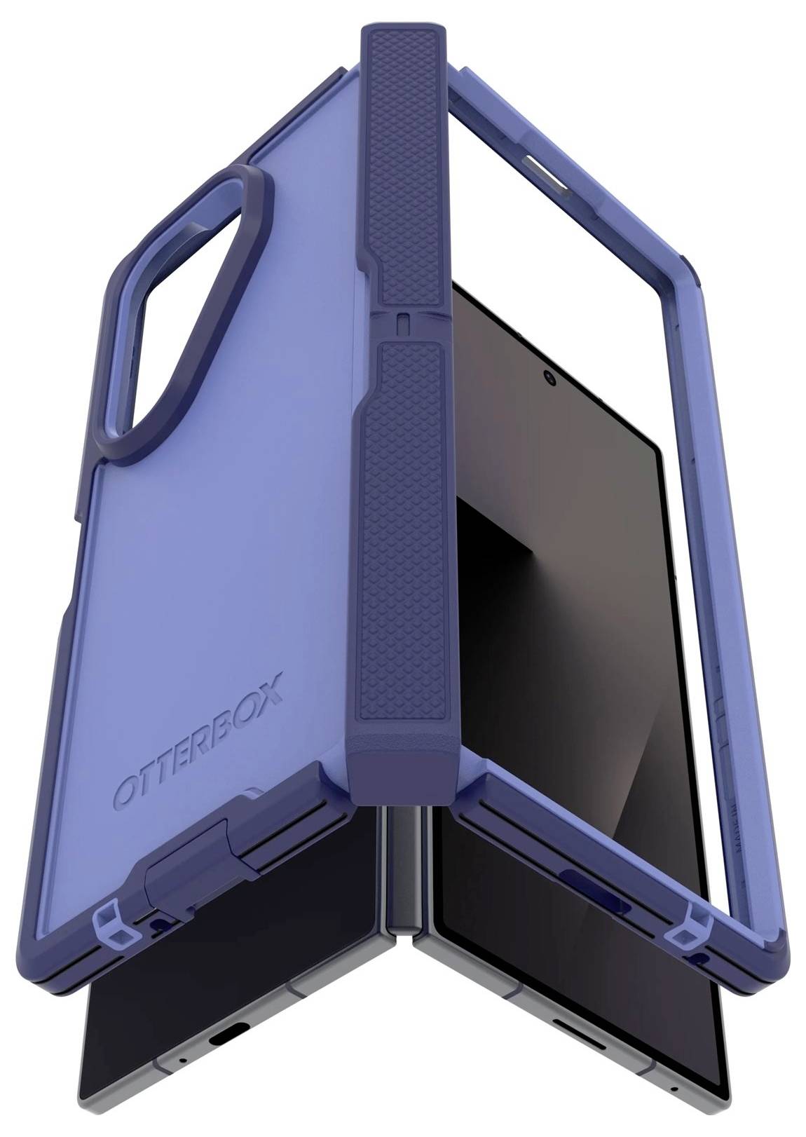 Blåt robust OtterBox telefonetui vist åbent med en smartphone indeni med beskyttende hængslet paneler og udskæring til håndtag.