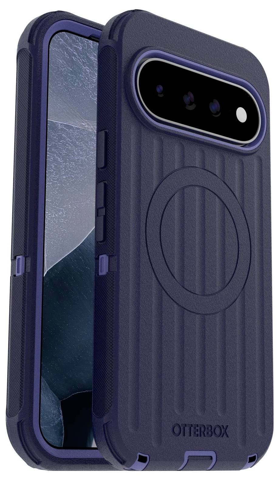 Et marinebådt OtterBox beskyttelsescover til telefon vist fra for- og bagside, med en struktureret MagSafe-lignende cirkulær ring og forhøjet camerabeskyttelse.