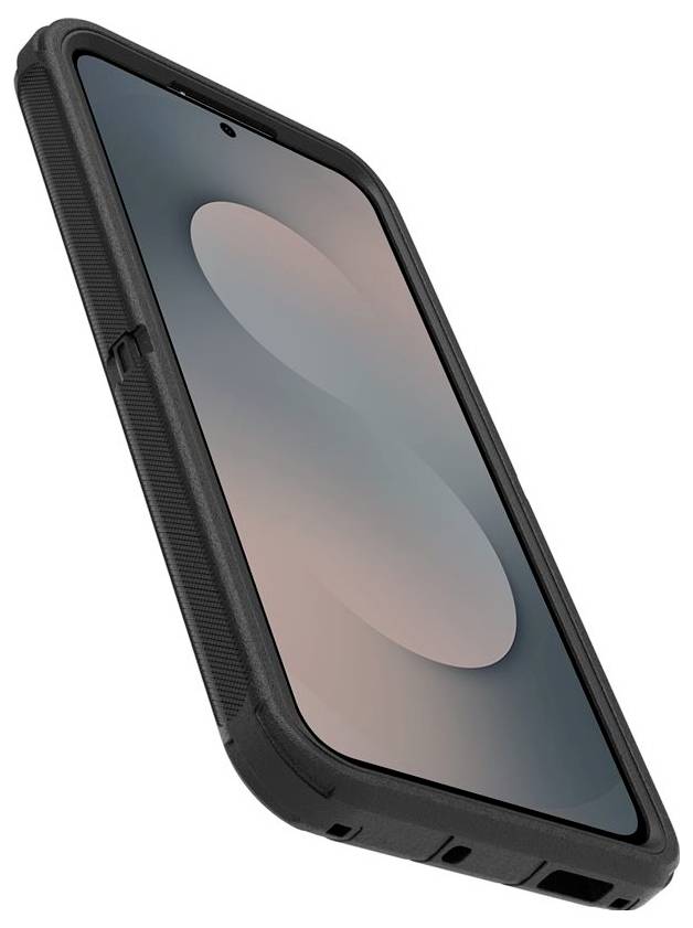 Sort robust smartphonecover vist i vinkel med telefonskærm synlig indeni og forstærkede kanter til beskyttelse.