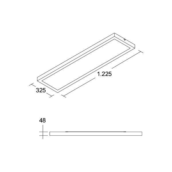 Teknisk tegning af en lang rektangulær bakke eller ramme, der viser dimensioner på 1.225 længde, 325 bredde og 48 højde.
