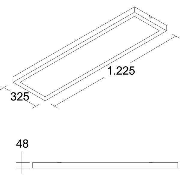 Dimensioneret tegning af en lang rektangulær bakke eller panel, 1.225 gange 325 med højde 48 vist i sidevisning.