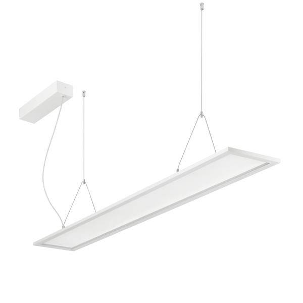 Minimalistisk hvidt rektangulært LED-pendellampe ophængt med tynde kabler fra et loftbeslag, vist på en ensfarvet hvid baggrund.