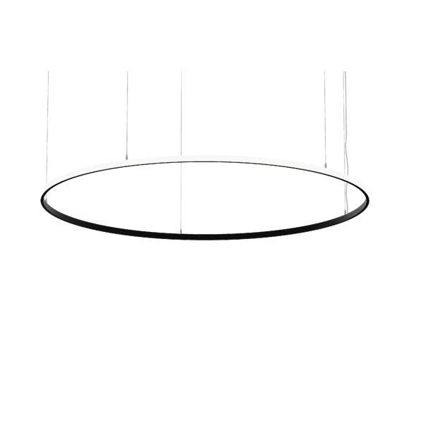 En minimalistisk ophængt cirkulær ringlysutstyr på hvid baggrund.