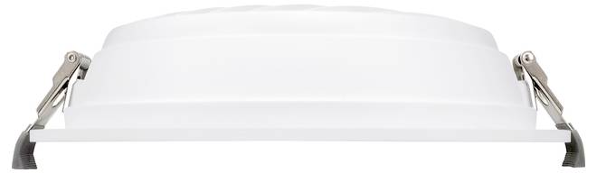 Hvid arbejdshjelm med metalliske sidebeslåer og grå stropper, vist frontalt på hvid baggrund.
