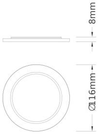 Teknisk tegning af en cirkulær flad del med side- og topvisninger, der viser dimensioner på 8 mm tykkelse og 16 mm diameter.