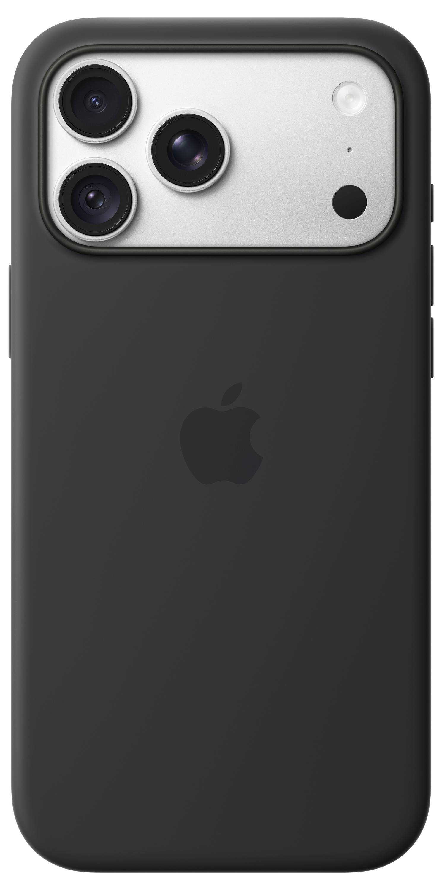 Bagside af en sort iPhone med tre bagkameraer og et centreret Apple-logo på etui.