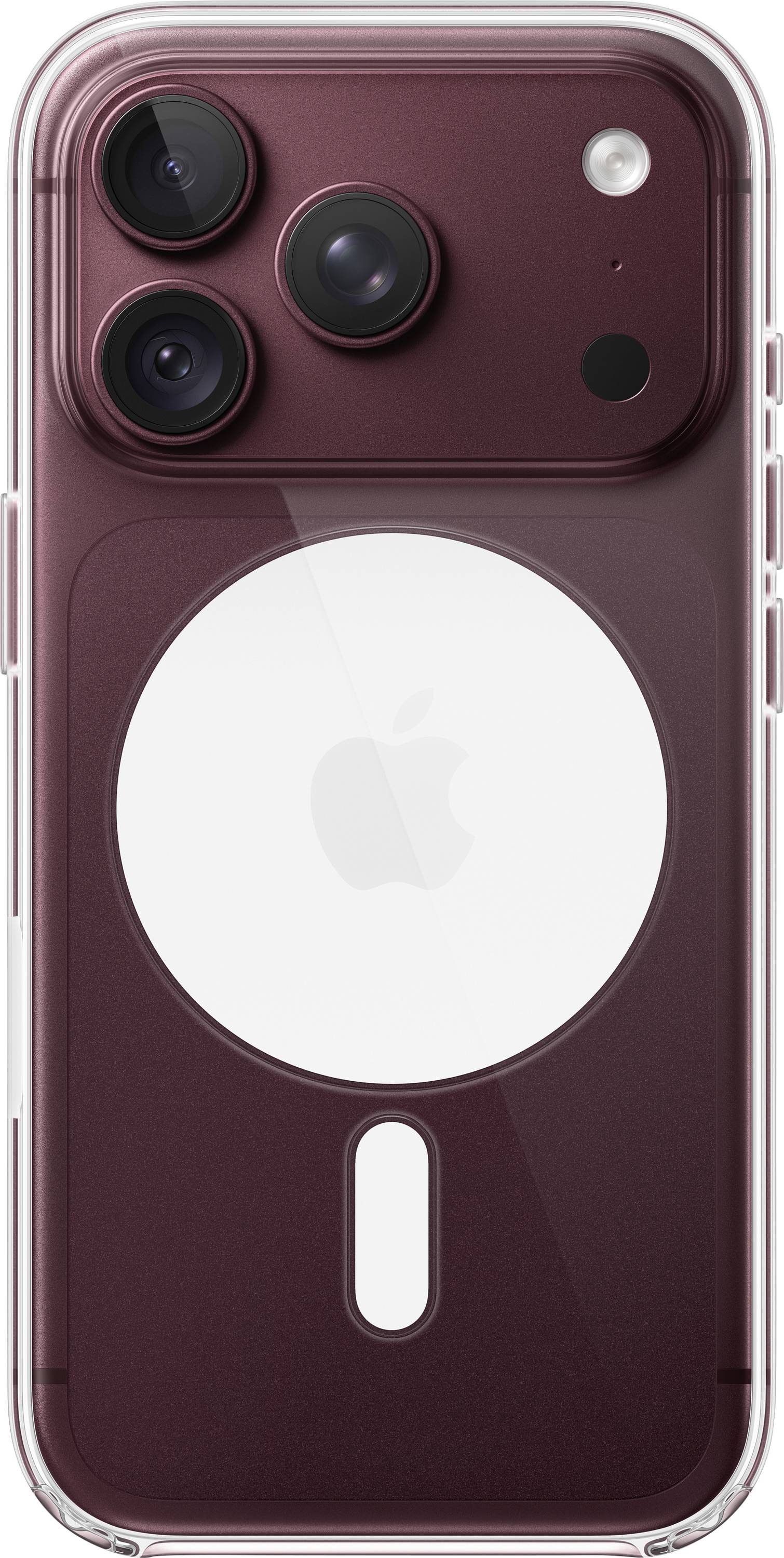 Bagsiden af en bordeaux iPhone med transparent cover, der viser tre kameraobjektiver, flash og en stor hvid MagSafe-opladningscirkel.