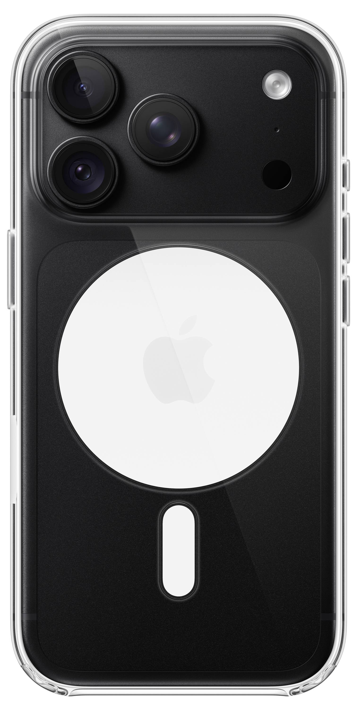 Bagsiden af en sort iPhone med et gennemsigtigt cover, der viser tre kameraer, flash og en centreret MagSafe-cirkel.