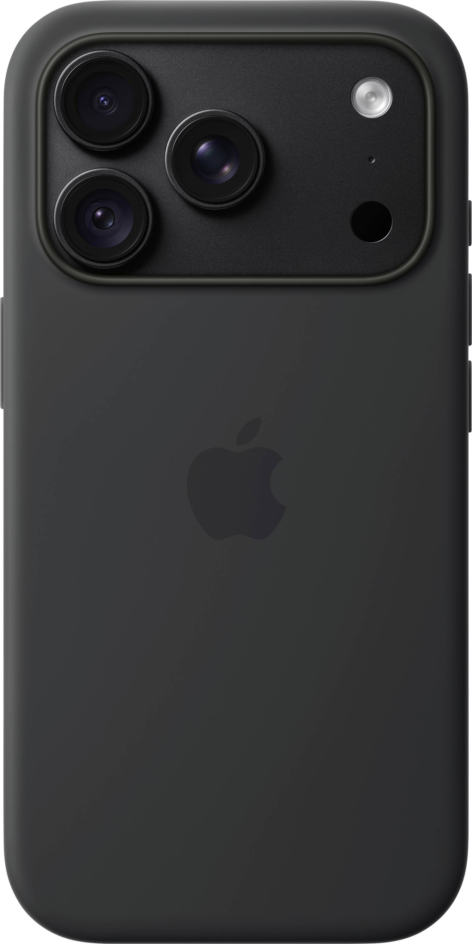Bagsideudsigt af en sort iPhone med tredobbelt kameralins, flash og Apple-logo på et matmatte cover eller finish.