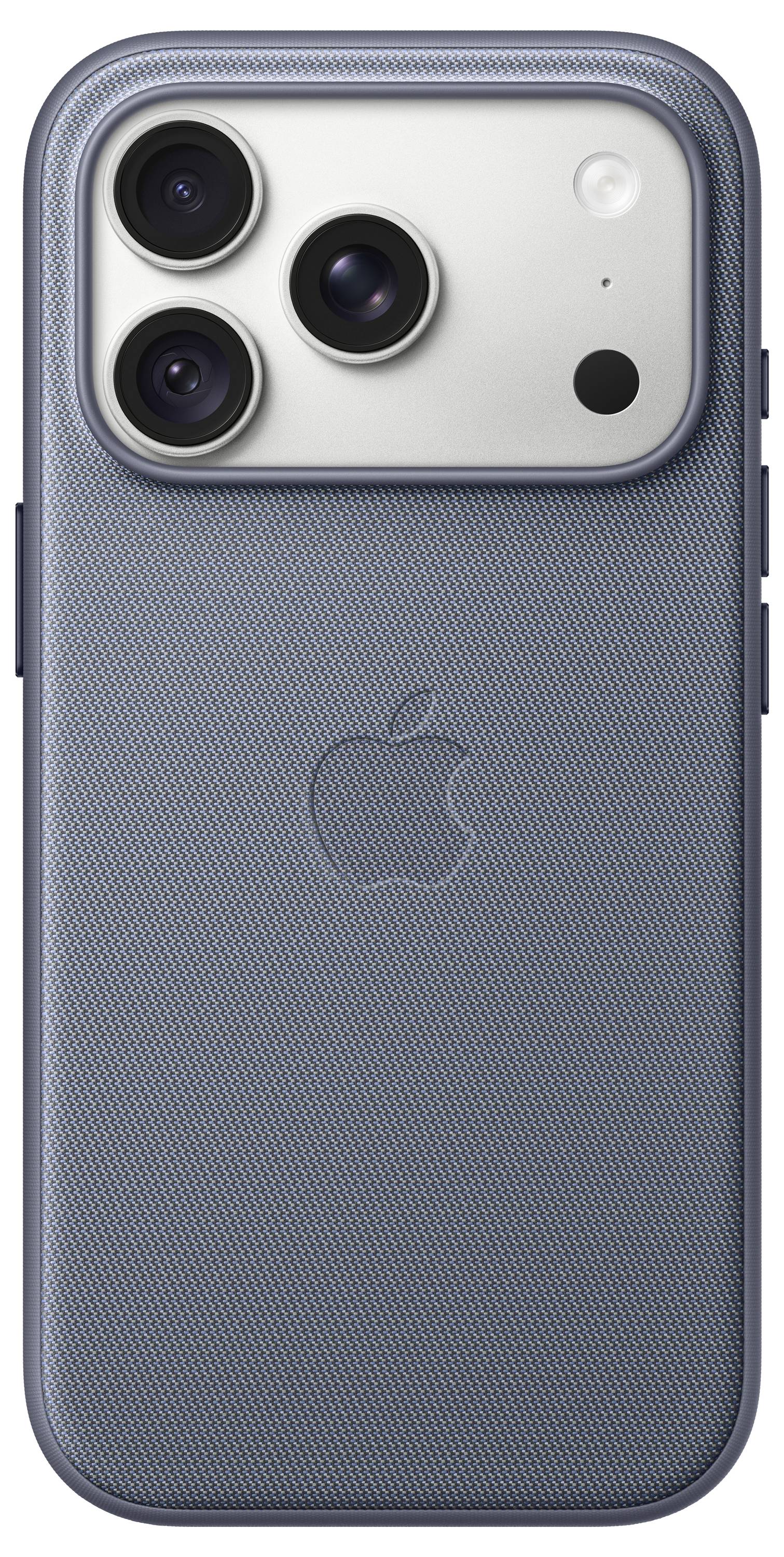 Bagside af en blå iPhone med tre kameraobjektiver og Apple-logo, vist i et struktureret beskyttelsesetui.