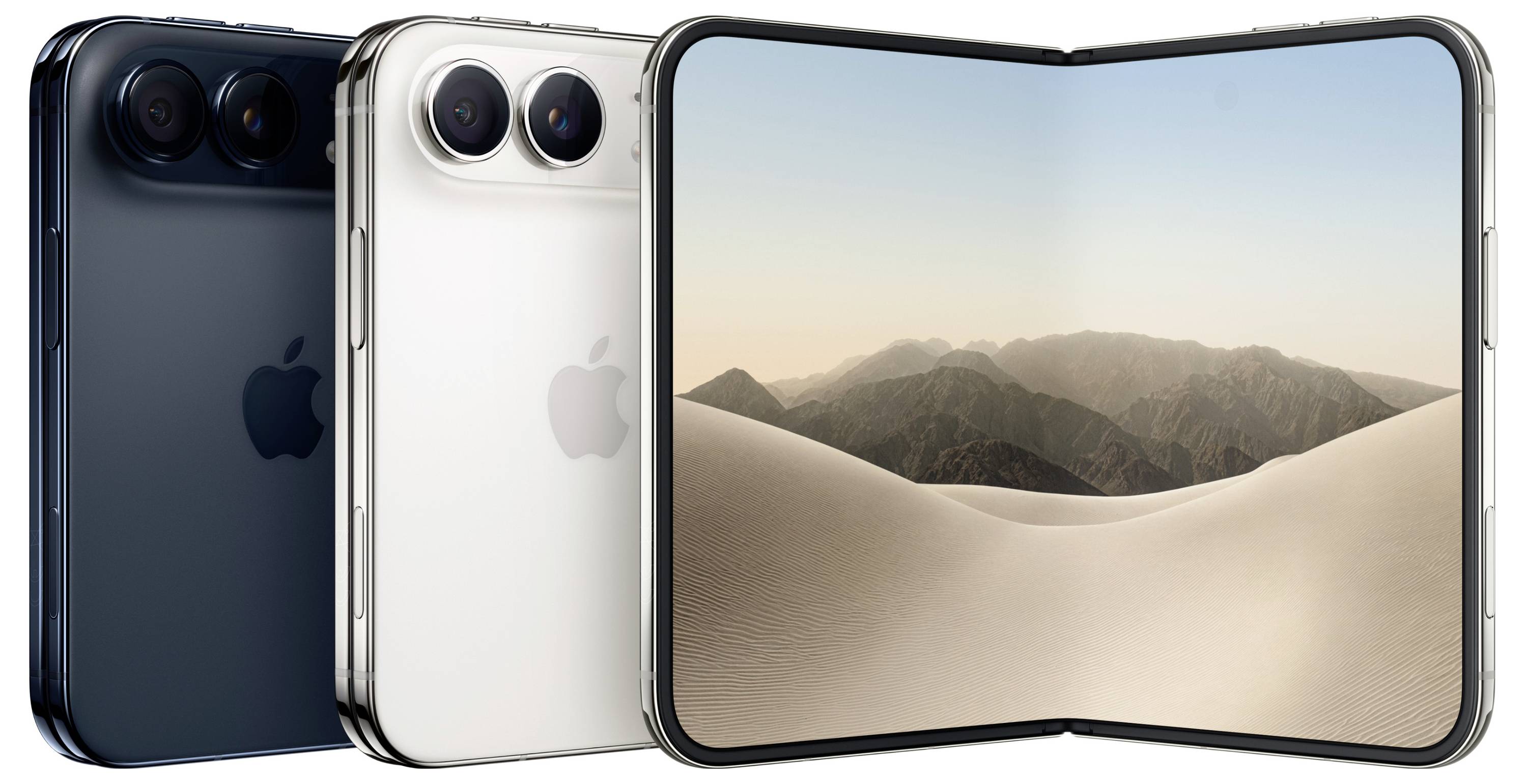 Tre foldbare smartphones i blå, sølv og åbnet frontalt; på det forreste display et ørkelandskabs-baggrund.