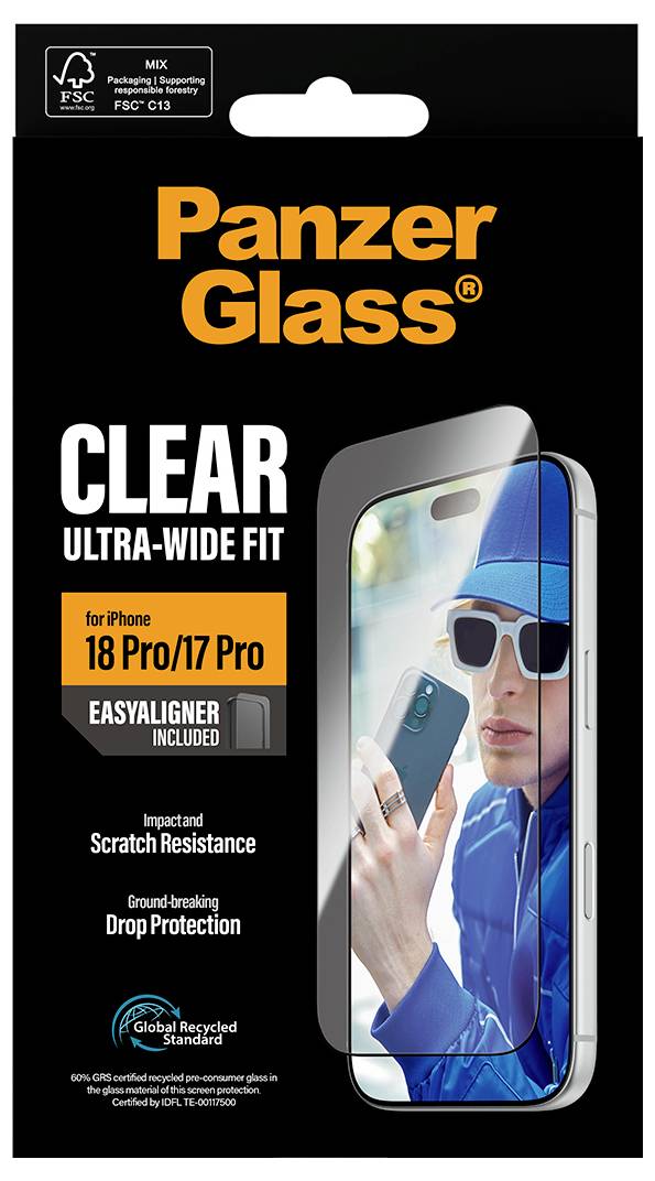 Emballage til PanzerGlass Clear Ultra-Wide Fit skærmbeskytter til iPhone 18 Pro/17 Pro, der fremhæver let justering, ridseresistens, faldbeskrittelse og genanvendt standard.